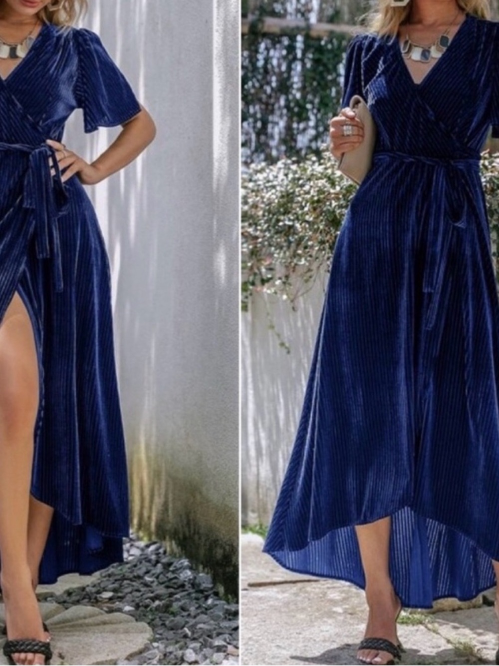 Donna Morgan Navy Blue Velvet High-Low Wrap Dress